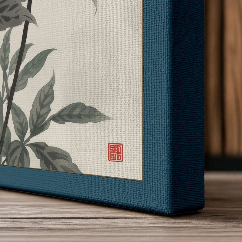 White Chrysanthemums Japandi - Wrapped Canvas, 18x12 - 45.7 x 30.5 cm, Teal Border
