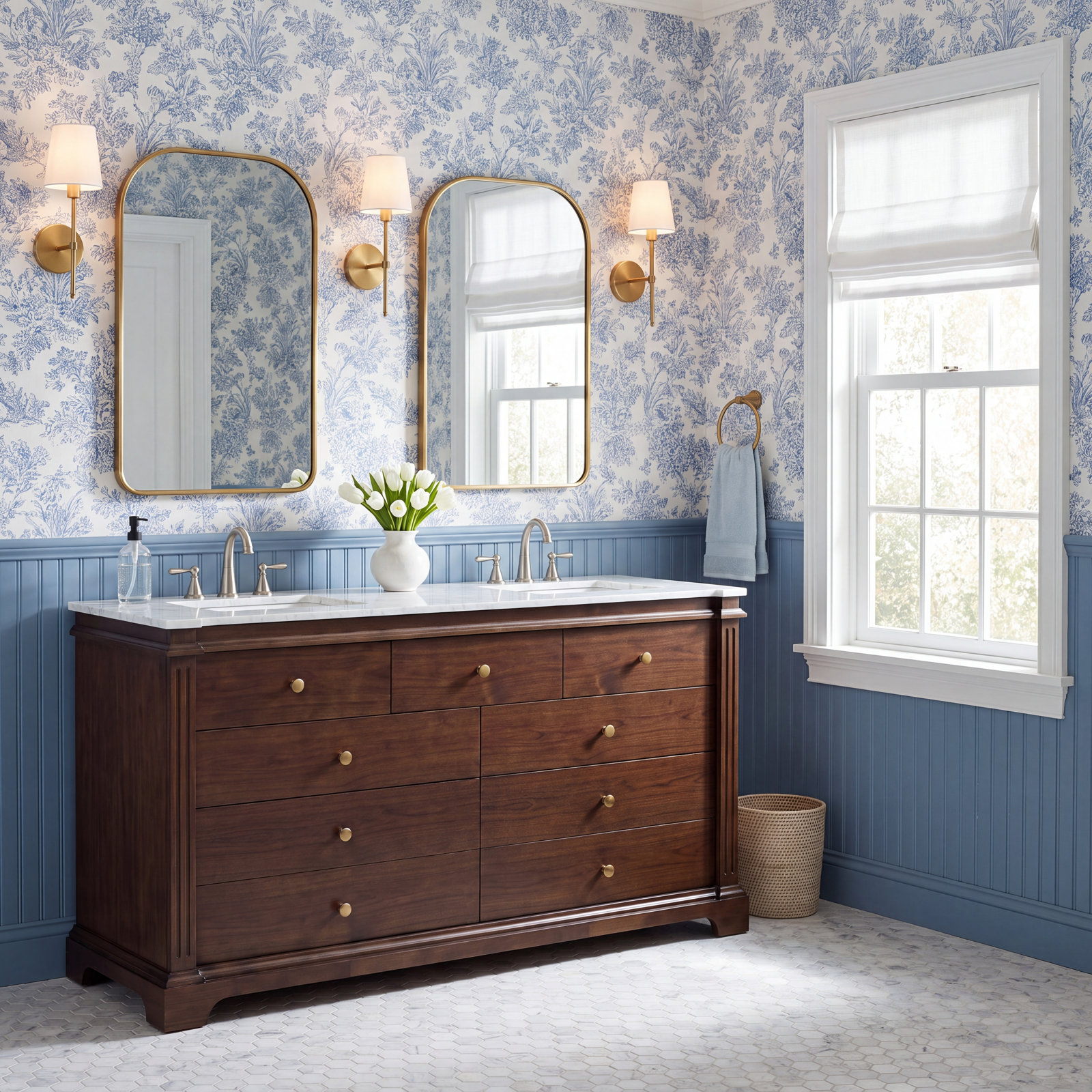 Abygail 72'' Carrara Marble Double Bathroom Vanity, Walnut Brown