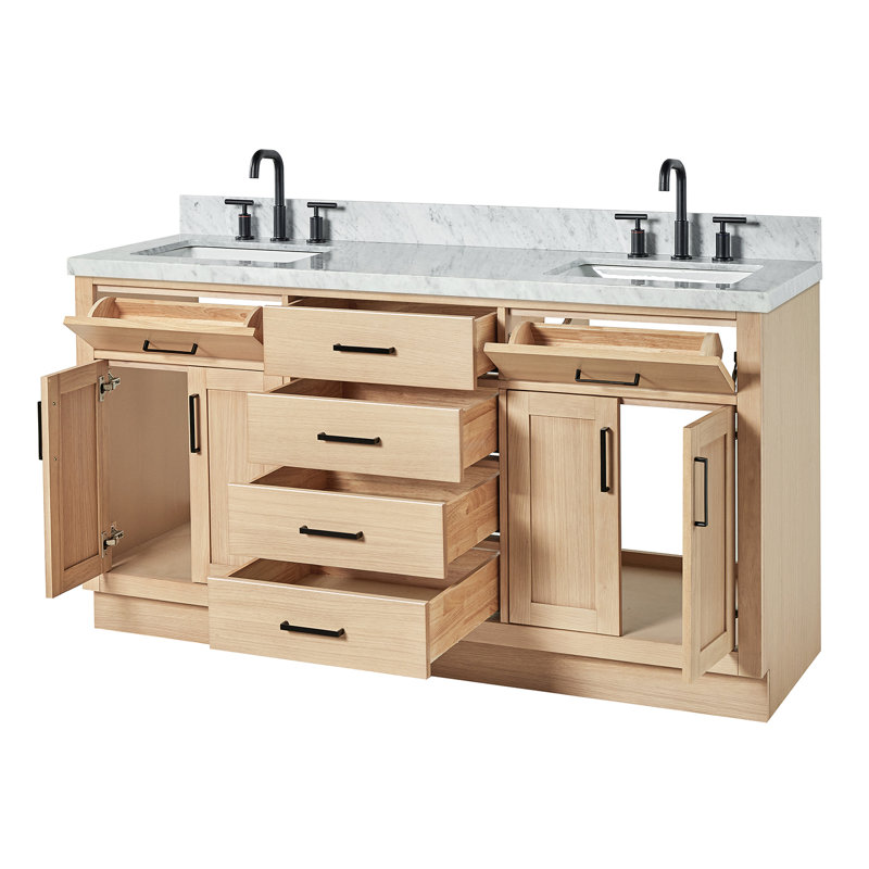 Thornaby 66'' Solid Wood Double Bathroom Vanity with 1.5'' White Quartz Top, Oval Sinks, Natural Oak / Matte Black