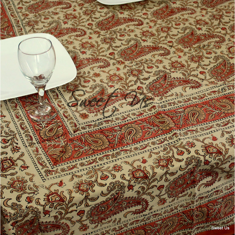 Barham Cotton Paisley Floral Hand Block Printed Tablecloth, 104" L x 88" W, Pink Orange