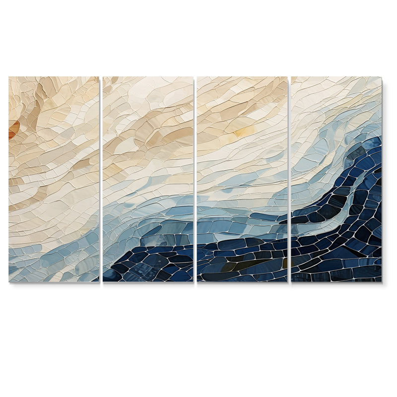 «Abstract Breaking Waves Blue» - Art mural abstrait 4 pièces, H 32 po x l 64 po