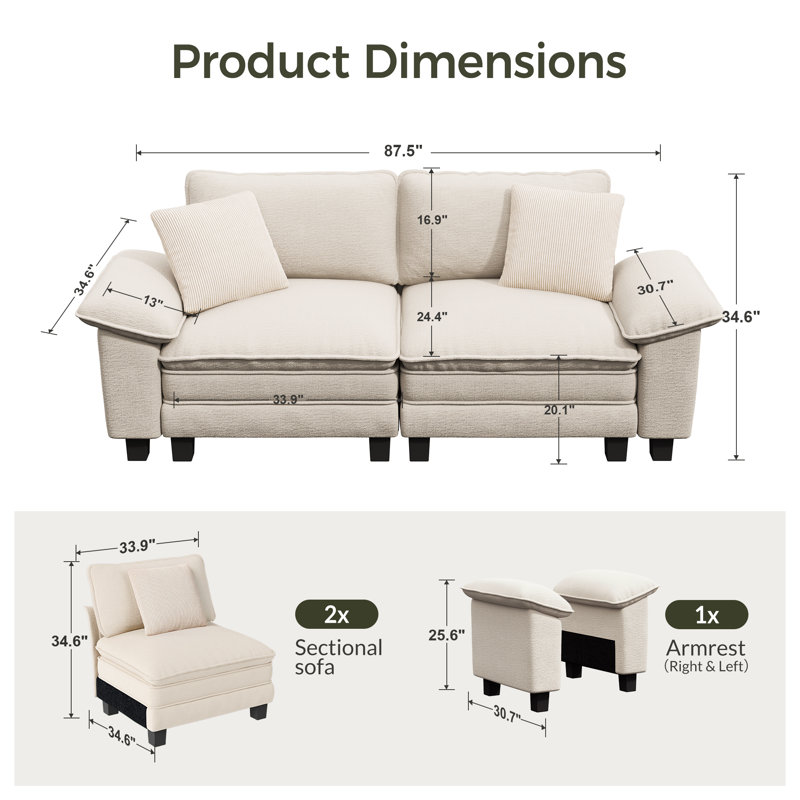 Canapé modulaire 88 po pour salon, canapé 2 places à assise profonde avec coussin décoratif 88 po, Chenille ivoire