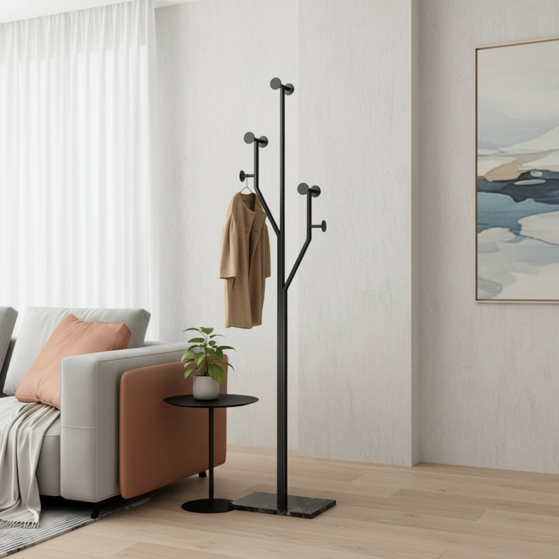 Black Tree-Shaped Metal Coat Rack With A Stable Marble Base; Freestanding Corner Design, Suitable For Bedrooms, Entryways, And Hallways.
