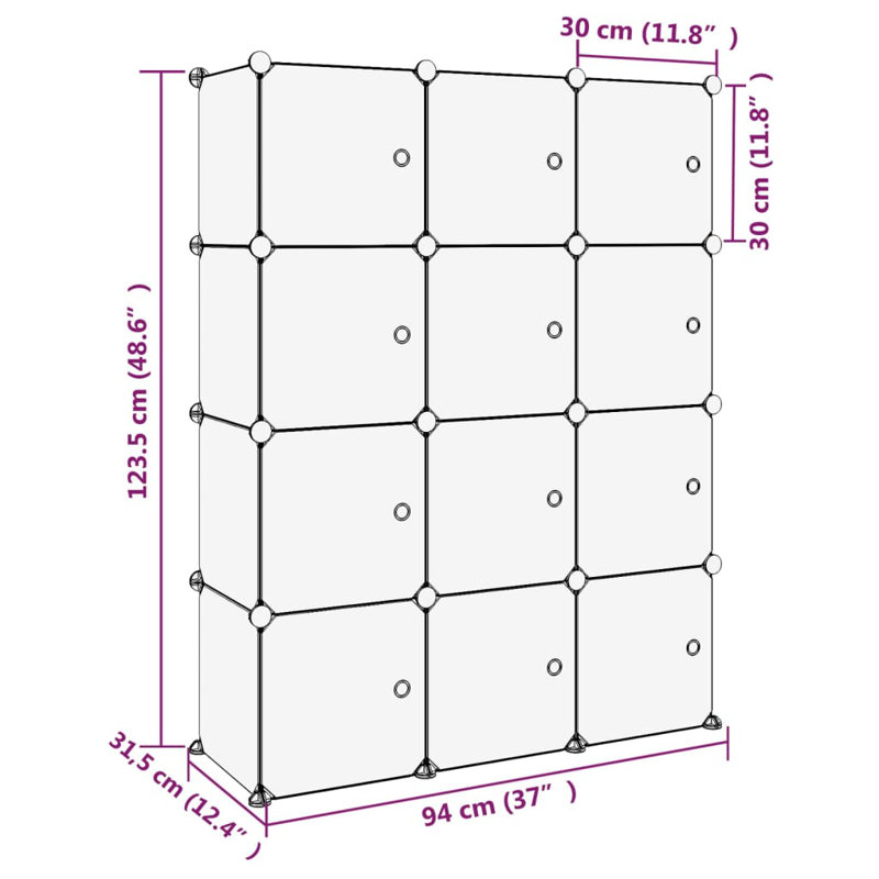 12 Pair Shoe Storage Box, 123.5cm H x 94cm W x 31.5cm D, Clear