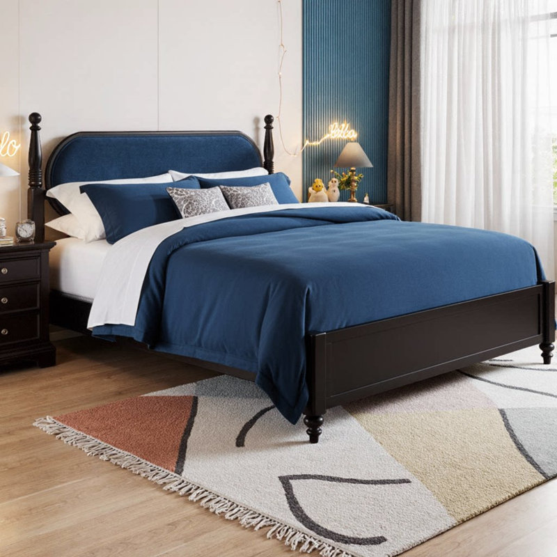 King Size Black Wood Platform Bed with Velvet Upholstered Headboard, Solid Wood Frame, Modern Turned Post Design, 600 lb Capacity, Slat Support, No Box Spring Needed