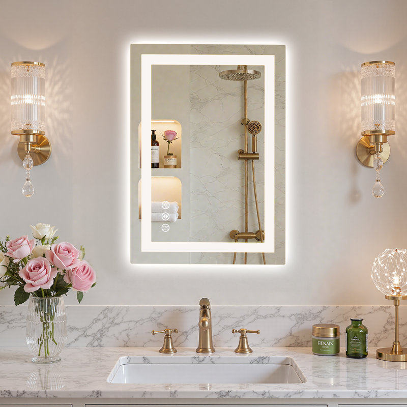 Anti-Fog Dimmable Bathroom LED Vanity Mirror, Rectangular Frontlit＆Backlit Wall Mount Mirror Color Adjustment Shatterproof Tempered Glass