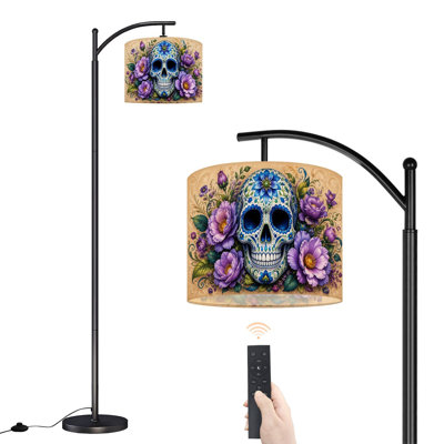 Lampe sur pied arquée avec abat-jour réglable, motif crâne de mort coloré, 3 températures de couleur, intensité variable, lampe sur pied avec interrupteur au pied pour chambre à coucher