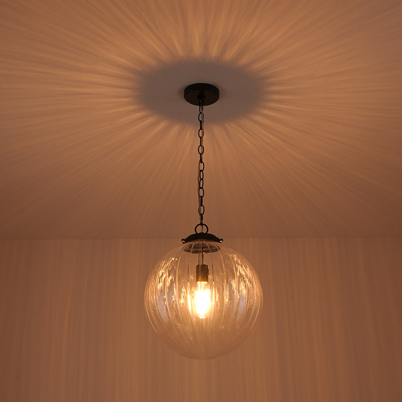 1-light Ribbed Glass Single Pendant, Satin Nickel