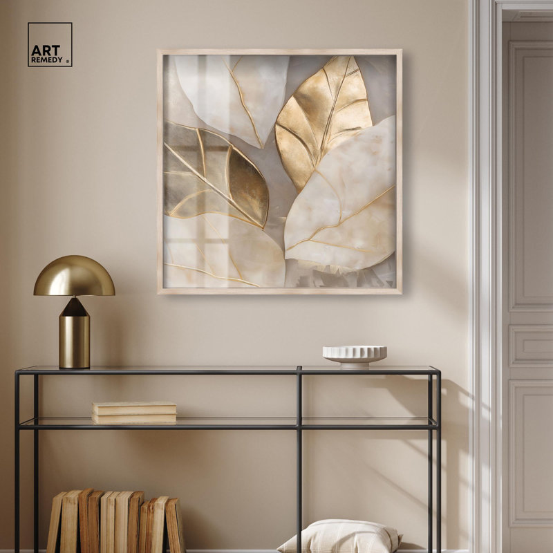 «Golden Cascades Shadowbox Print Elegant Nature Art» par Art Remedy, H 31 po x l 31 po, Crème, crème
