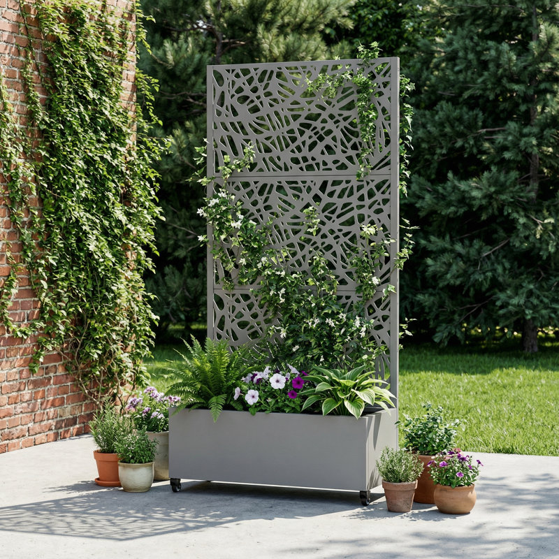 Boîte à fleurs en métal avec treillis et roues, H 72 po x l 35 po x P 16 po, Gris