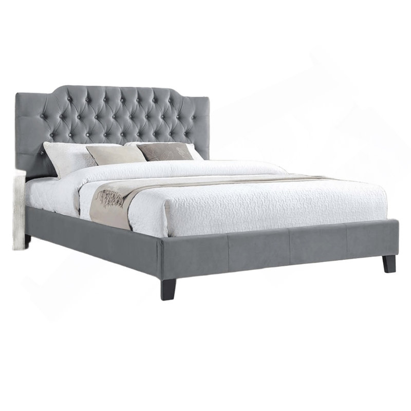Magnifique lit de velours gris avec cadre de lit moderne capitonné et tête de lit, Grey, Lit double