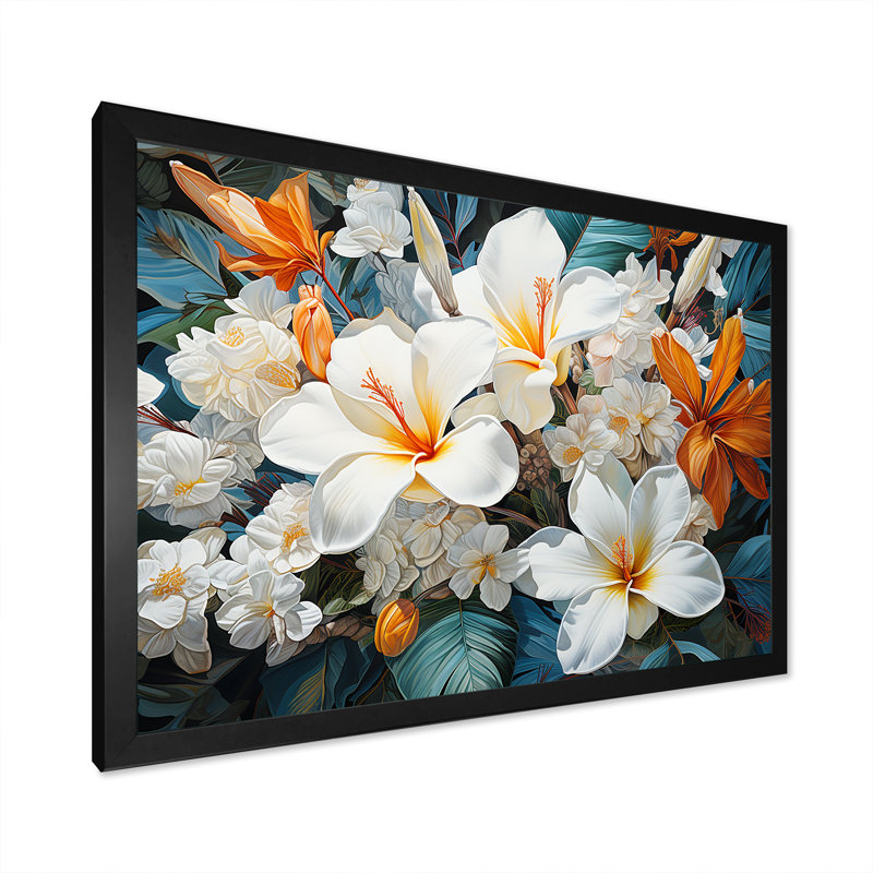 Fleur de plumeria beige et blanche, H 16 po x l 32 po x P 1 po, Cadre simple noir