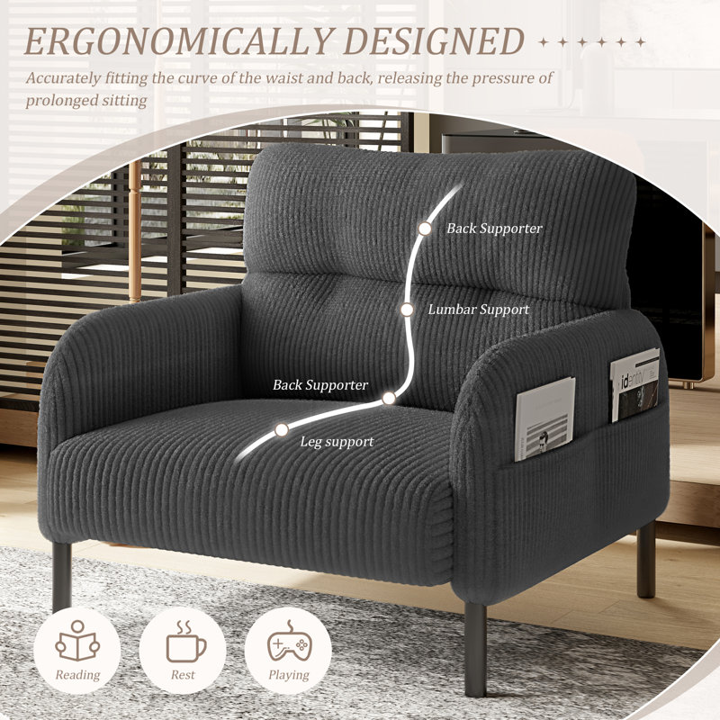 Chaise d'appoint rembourrée en velours côtelé Modern, Gris