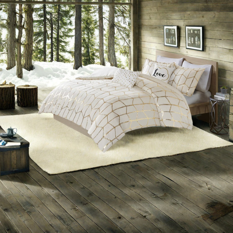 Contemporary Ivory Gold Bedding Set, Polyester Microfiber, Elegant Home Décor