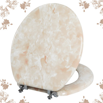 Marble Toilet Seat, Zinc Alloy Hinges (Round, Beige Pink),Round Toilet Seat, Durable Enameled Wood, Anti-Pinch Design, Easy to Install and Clean