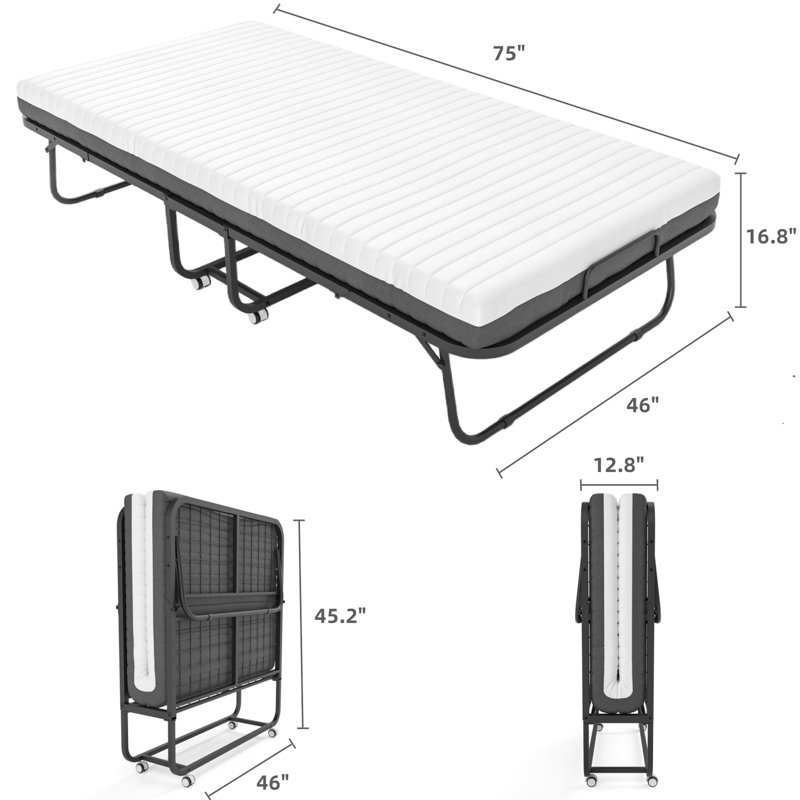 Lit escamotable pliant avec éponge et chiffon - Lit de bébé portatif pour adulte, L 75 po x l 46 po, Invité pliant de conception compacte, facile à transporter