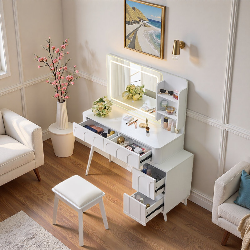 Ensemble de coiffeuse moderne avec tabouret, lumières DEL et miroir, 4 tiroirs, panneaux ondulés uniques et tablettes ouvertes