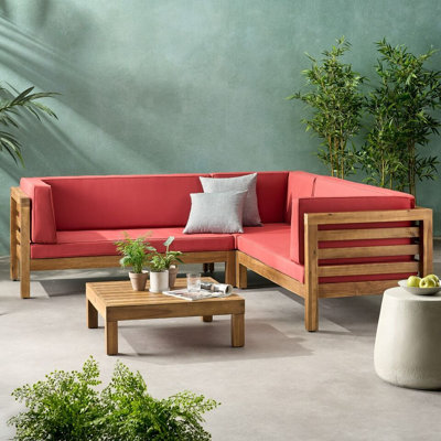 Ensemble modulaire d'extérieur en bois en forme de L avec coussins résistants à l'eau et conception à lattes
