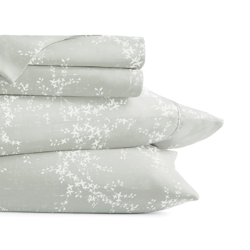 4 Piece Delicate Details Pattern Sheet Set, Distressed Willow Green Mist Floral, Queen Sheet Set with 2 Standard Pillowcase
