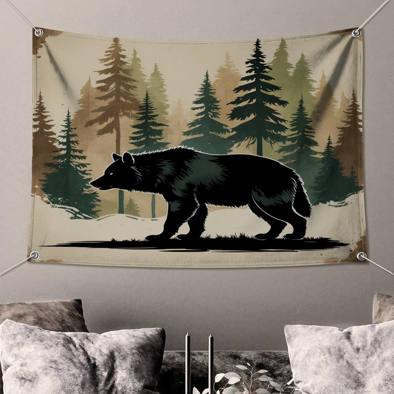 Tapisserie murale silhouette d'ours en forêt - Décoration murale ours, H 68 po x l 80 po avec 4 œillets