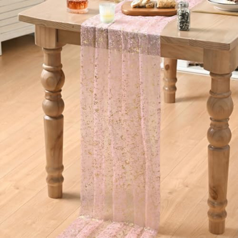 10 pièces de chemin de table en gaze rose doré 10 pi, feuille métallique scintillante, anniversaire de mariage, décoration de table de fête