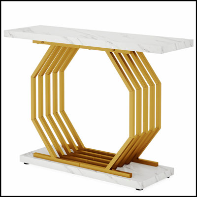 40-Inch Gold Console Table with Faux Marble Top and Geometric Metal Base, Perfect for Modern and Narrow Spaces