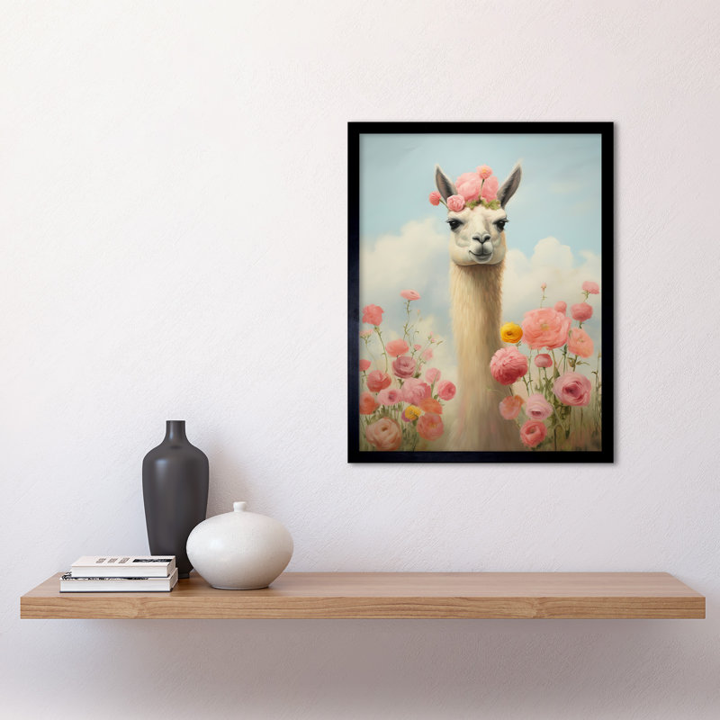 Llama And Peonies Pink Floral Elegant Artwork In - Single Picture Frame Print