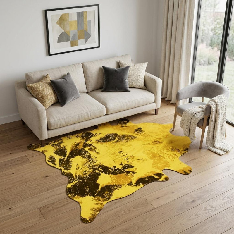 Tapis noué à la main 6 pi x 7 pi en cuir de vache jaune et brun