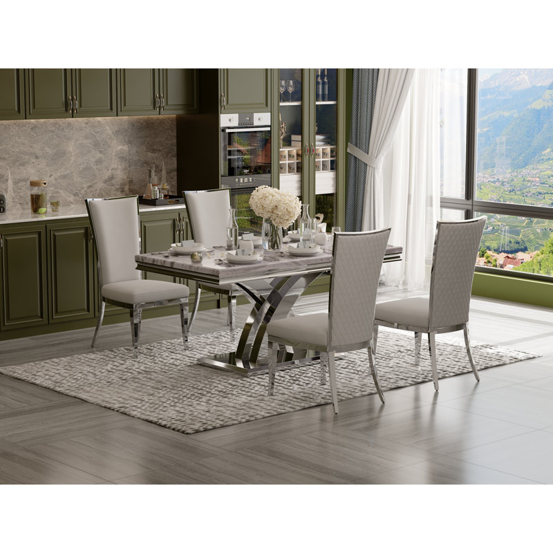 Ensemble de table de salle à manger 5 pièces blanc et argent avec 4 chaises en velours blanc, 5 pièces: table, 4 chaises