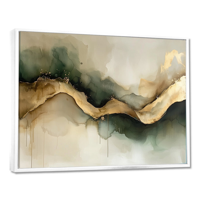 Abstrait encre liquide abstraite Fight Of Emerald II - Art abstrait encre liquide, H 30 po x l 40 po, Cadre flottant, Blanc