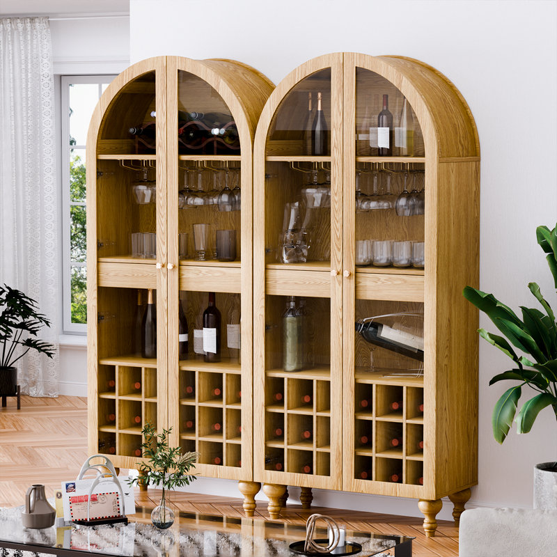 Armoire à vin arquée moderne avec portes en verre, tiroir et support à vin, rangement pour boissons alcoolisées autoportant à 3 niveaux avec poignées dorées, pour la salle à manger ou le salon