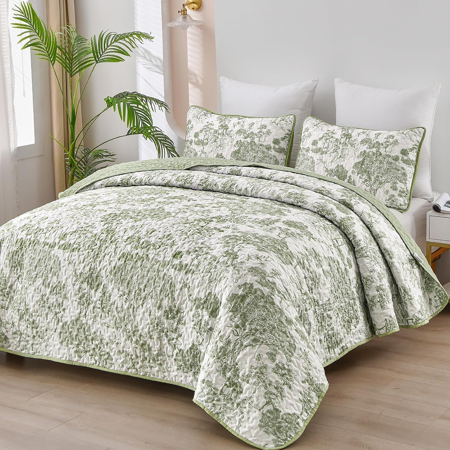 WONGS BEDDING 3-piece Botanical Toile Plants Pattern Quilt Set ...