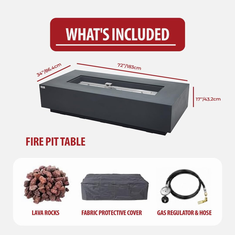 Savanah 72" Rectangular Concrete Outdoor Fire Pit Table with Lava Rocks & Protective Cover, Dark Gray, Natural Gas