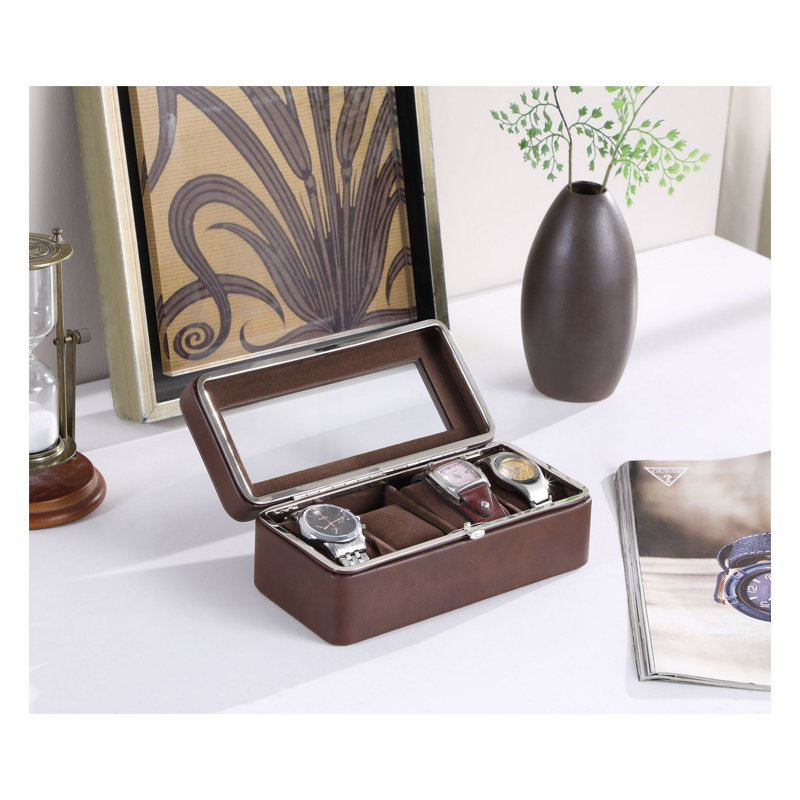 Vitrine pour montres 4 emplacements en verre trempé de 8 pouces et similicuir avec bordure chromée, marron