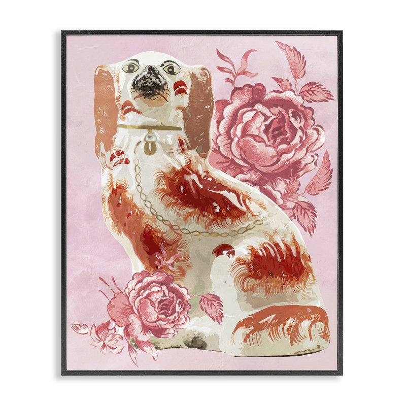Épagneul antique sur giclée rose, design par Lil 'Rue, H 14 po x l 11 po, Giclée encadrée noir minuit