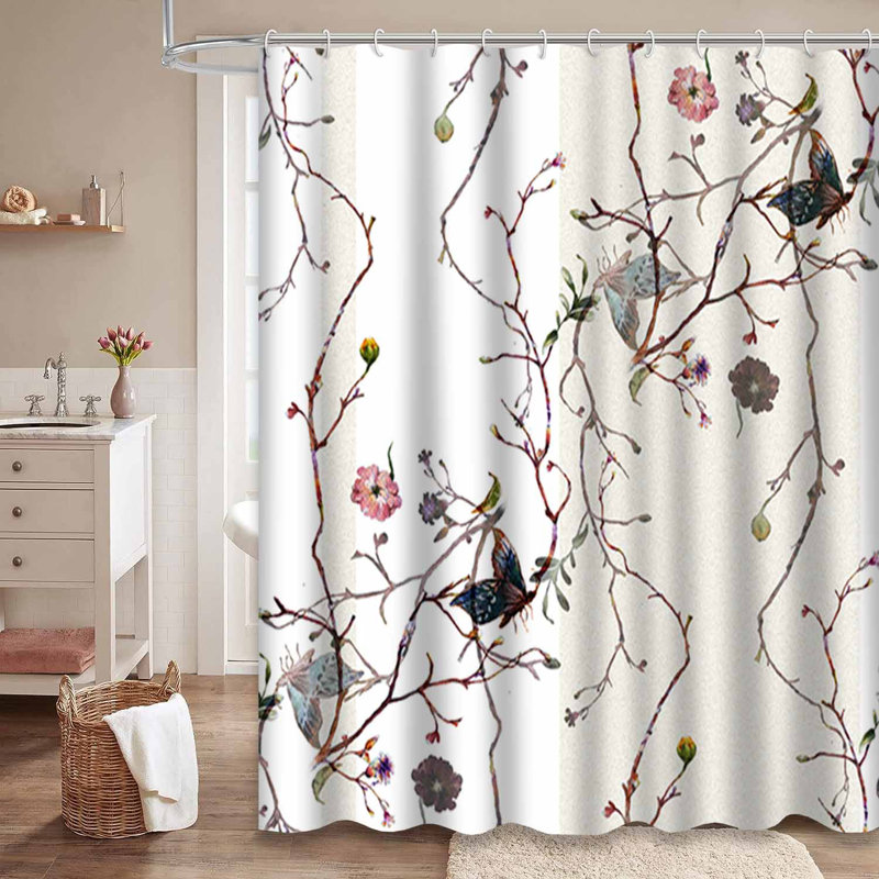 Watercolor Leaf Flowers Seamless White Abstract Botanical Waterproof Shower Curtain with 12 Hooks, 72" L x 84" W