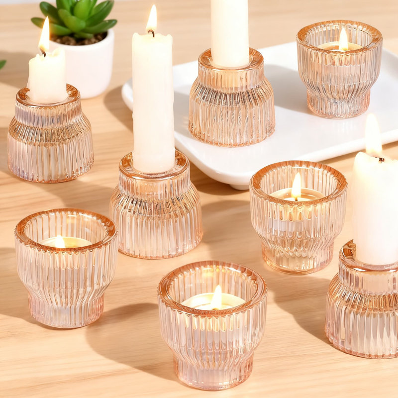 Paquet de 12 porte-bougies en verre, chandelles à double face et chandelles de thé léger pour centres de table de mariage et décorations de table, porte-votives en verre texturé épais