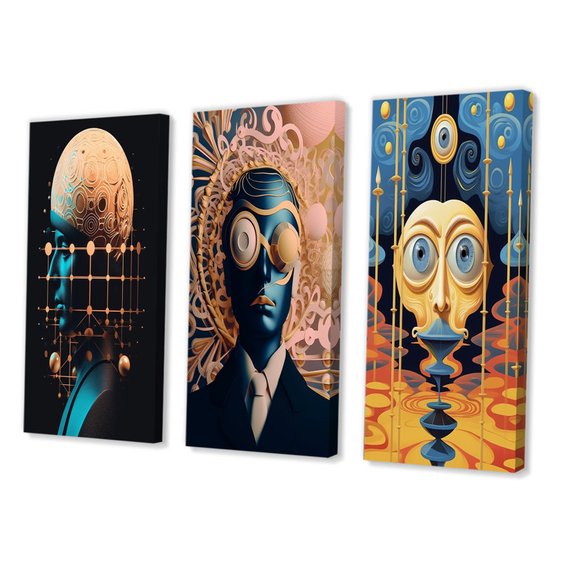 «Sci-Fi Portrait Of Blue Futur Man», 3 pièces sur toile, Toile tendue, H 20 po x l 36 po