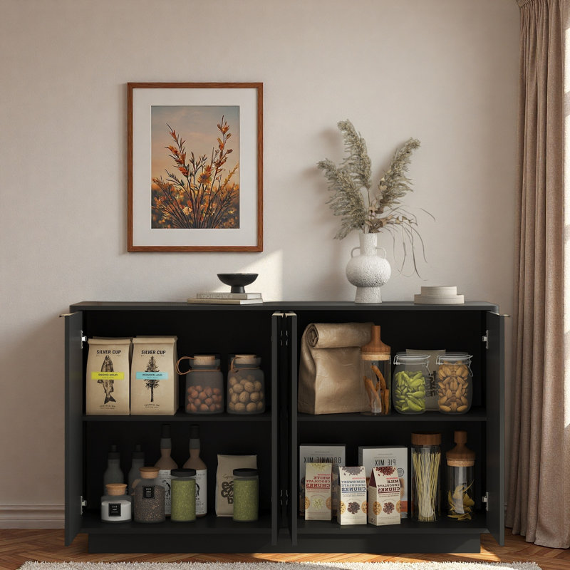 Modern Fluted Sideboard With Adjustable Shelves And Metal Handles, Black