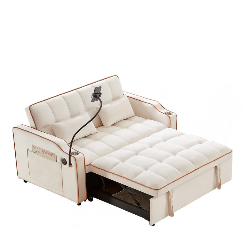 1 canapé-lit pliable polyvalent en 3 longueurs, 1 canapé-lit moderne en velours, un dossier réglable et un port USB, un cendrier et un support pour téléphone pivotant (beige)