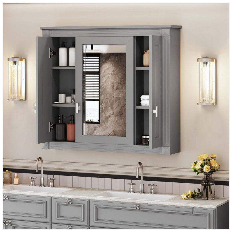 Armoire à pharmacie murale avec miroir et 4 tablettes, Gris