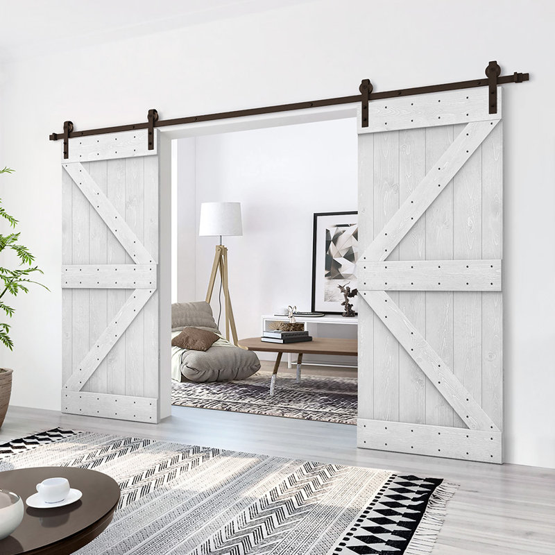 Porte de grange double à panneaux en bois teinté K Series avec ensemble de quincaillerie coulissante, 40 po x 84 po, Blanc