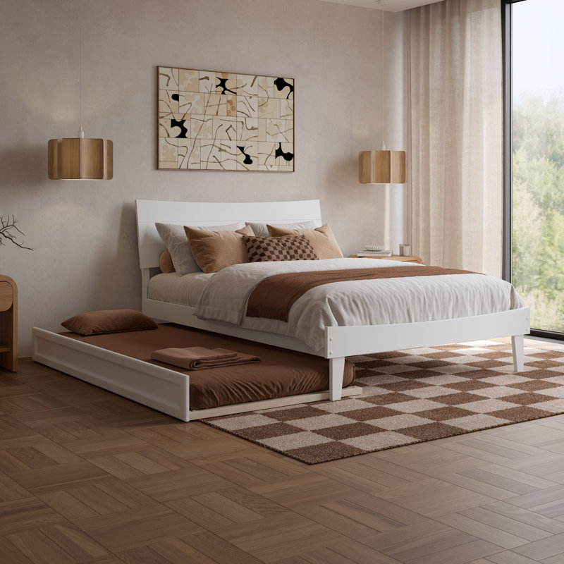 Phoenix Wood Platform Bed with Trundle, Full, White