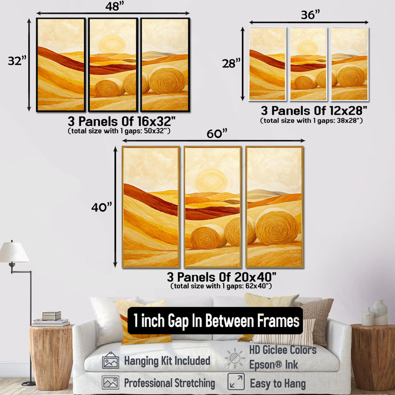 Ensemble de salon jaune et orange avec paysage de ferme Haystack Hills I, H 28 po x l 36 po x P 1 po