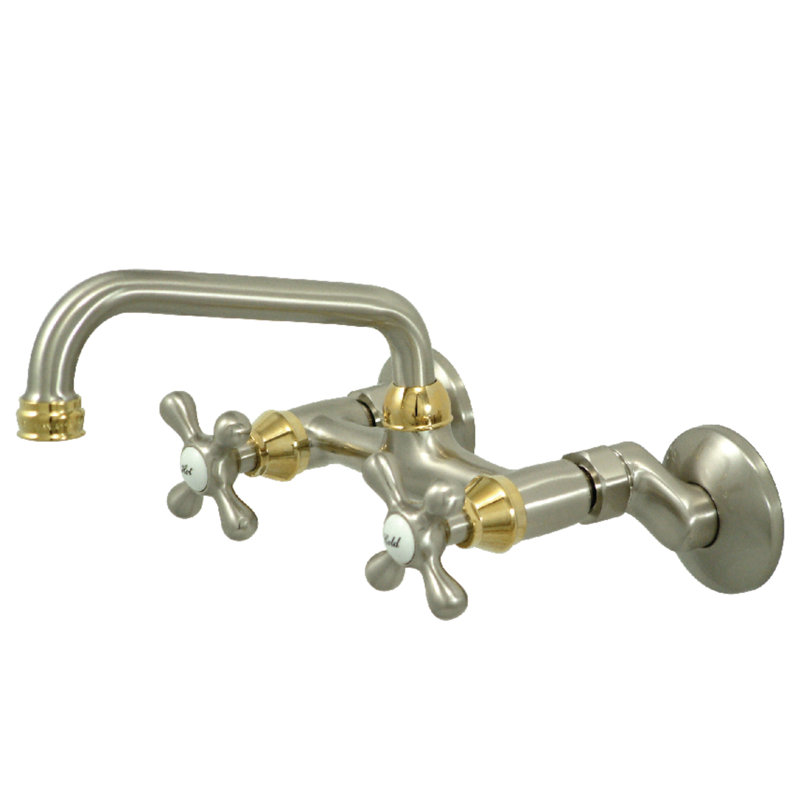 Kingston Brass Kingston Double-Handle 2-Hole Wall-Mount Bridge Kitchen Faucet, Brushed Nickel/Polished Brass