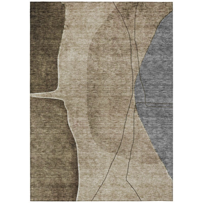 5' X 8' Brown Taupe And Beige Abstract Washable Indoor Outdoor Area Rug