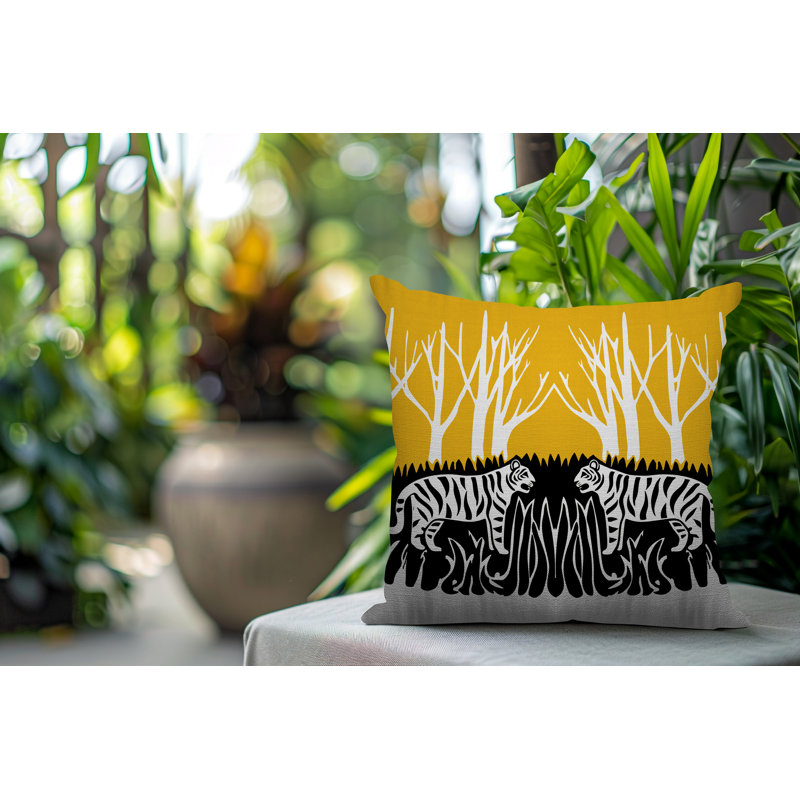 Oreiller carré réversible intérieur / extérieur Maka Tiger, Jaune, H 16 po x l 16 po