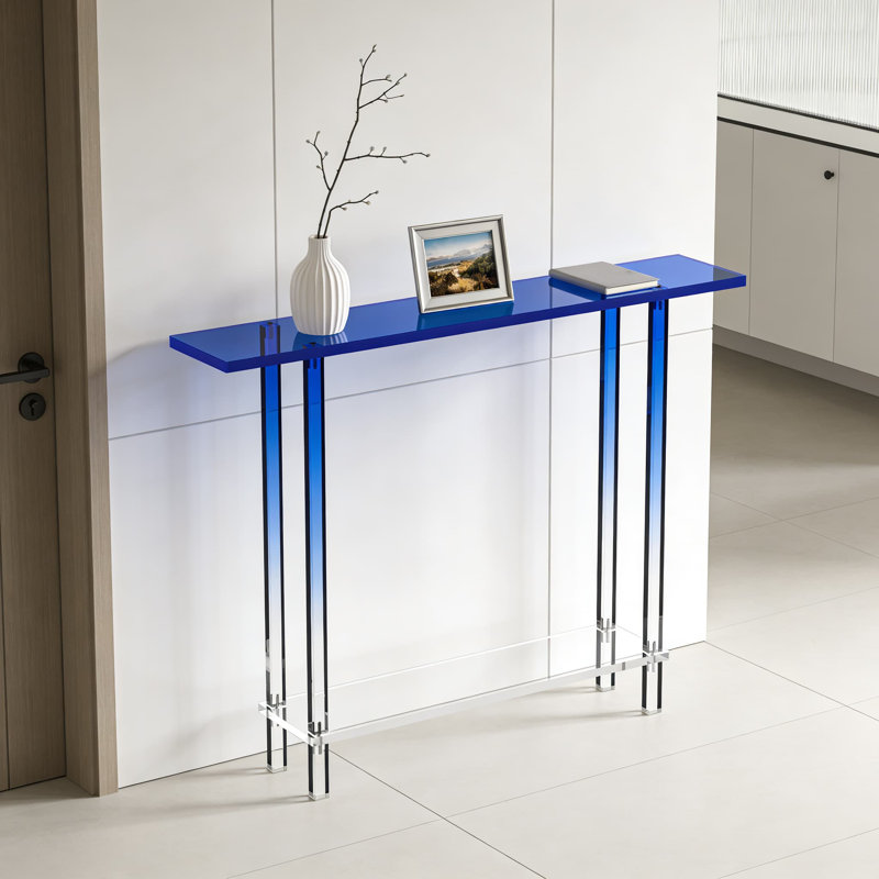 Modern Narrow Console Table With Gradient Blue Legs, Clear Acrylic 2-Tier Entryway Table For Hallway, Foyer, And Living Room, Space-Saving Slim Design