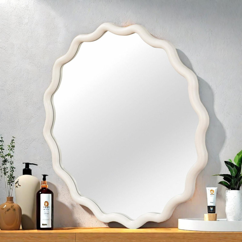 Miroir décoratif rond en bois massif ondulé de 30 pouces pour la maison, Blanc