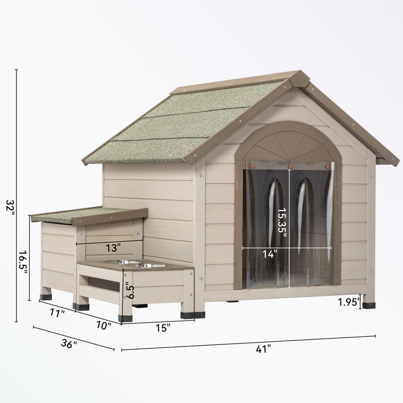 Niche pour chien d'extérieur en bois avec toit ouvert, boîte de rangement et 2 bols